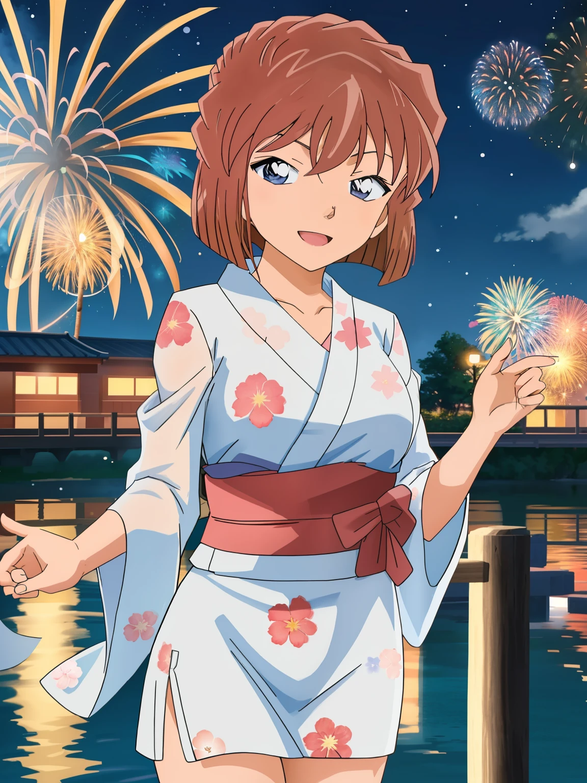 haibaratv,anime screencap,brown hair,short hair, 1girl, solo, full body, 8K, Night, Shooting Star, Clouds, Floral Yukata, Yukata, 25 years old, Bright Colorireworks: 1.4), (New Year: 1.1), (Festival: 1.1), (Sharp Focus: 1.2), (Cowboy Shot: 1.2), (light smile: 1.1), Bridge, Overlooking the Lake, (Water Reflection: 1.2), Glitter, Floating Particle, Colorful Particle, Lots of Fireworks, sexy pose