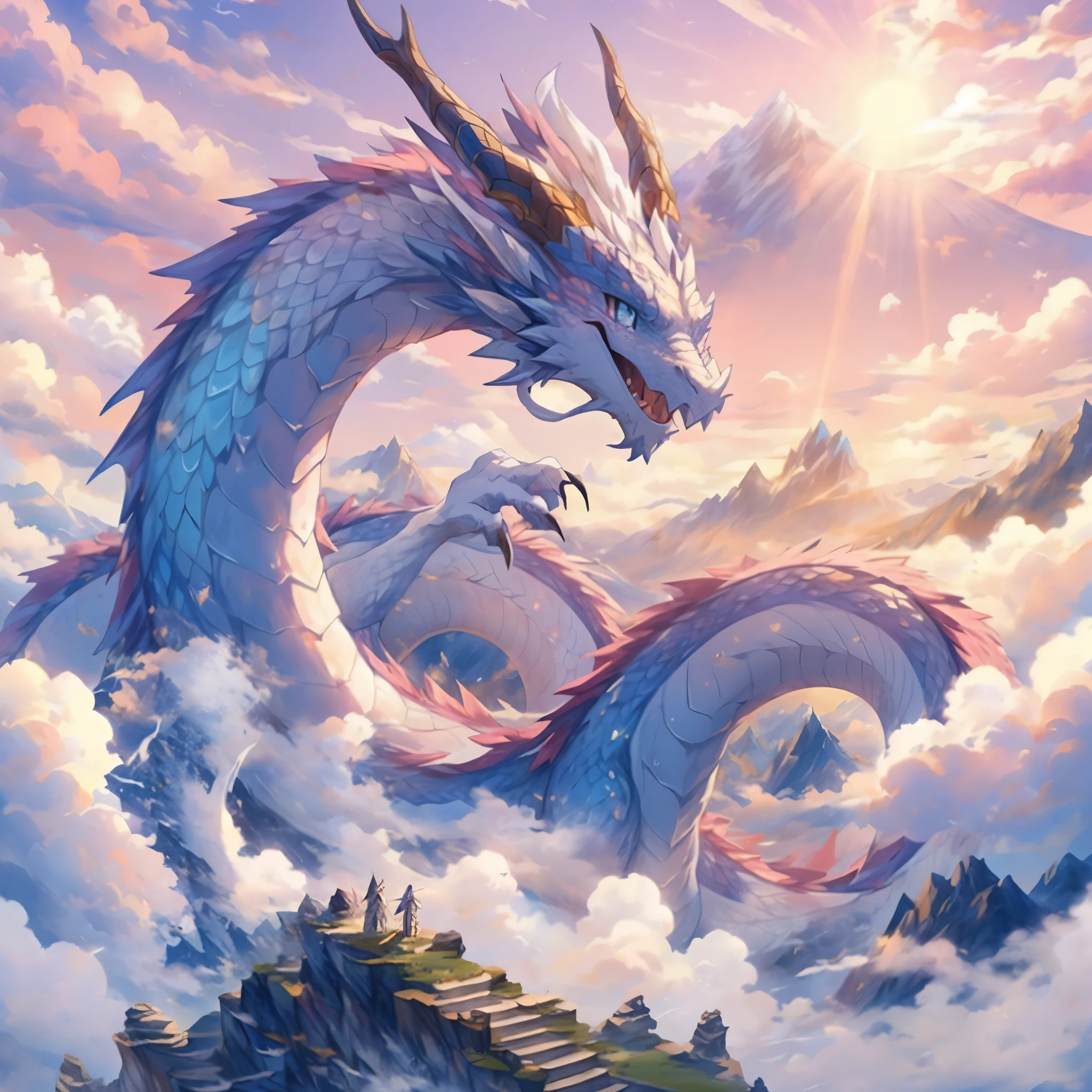 (masterpiece), best quality, (white_dragon), cute face dragon, ((one dragon)) in sky, ancient background, mountain ranges, Auspicious clouds, rays of sunshine, pink sky, Epic composition, dragon,