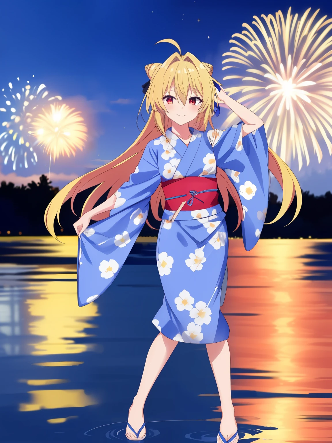 terakomari, very long hair, blonde hair, red eyes, small breasts, hair bun, ahoge, hair between eyes, hair intakes, blue bow, 1girl, solo, full body, 8K, Night, Shooting Star, Clouds, Floral Yukata, Yukata, 25 years old, Bright Colorireworks: 1.4), (New Year: 1.1), (Festival: 1.1), (Sharp Focus: 1.2), (Cowboy Shot: 1.2), (light smile: 1.1), Bridge, Overlooking the Lake, (Water Reflection: 1.2), Glitter, Floating Particle, Colorful Particle, Lots of Fireworks, sexy pose