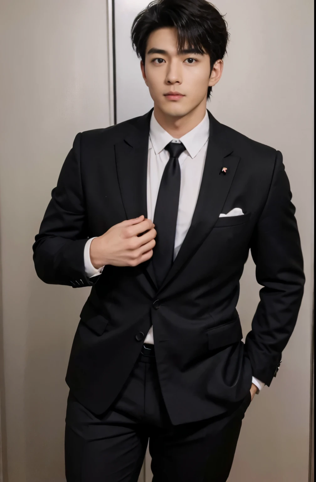 1 handsome Japanese guy,27years old,Corporate executives,Dress shirts and ties, Business attire, Professional Dress, Prepare for the meeting, Handsome and elegant, Wearing a black and gray suit, Sexy masculine, in blouse wearing, Masculine and handsome,musculous,Muscles look good,hairy bodies,with fair skin,黑The eye(thin eyes 1:3),Full body photo