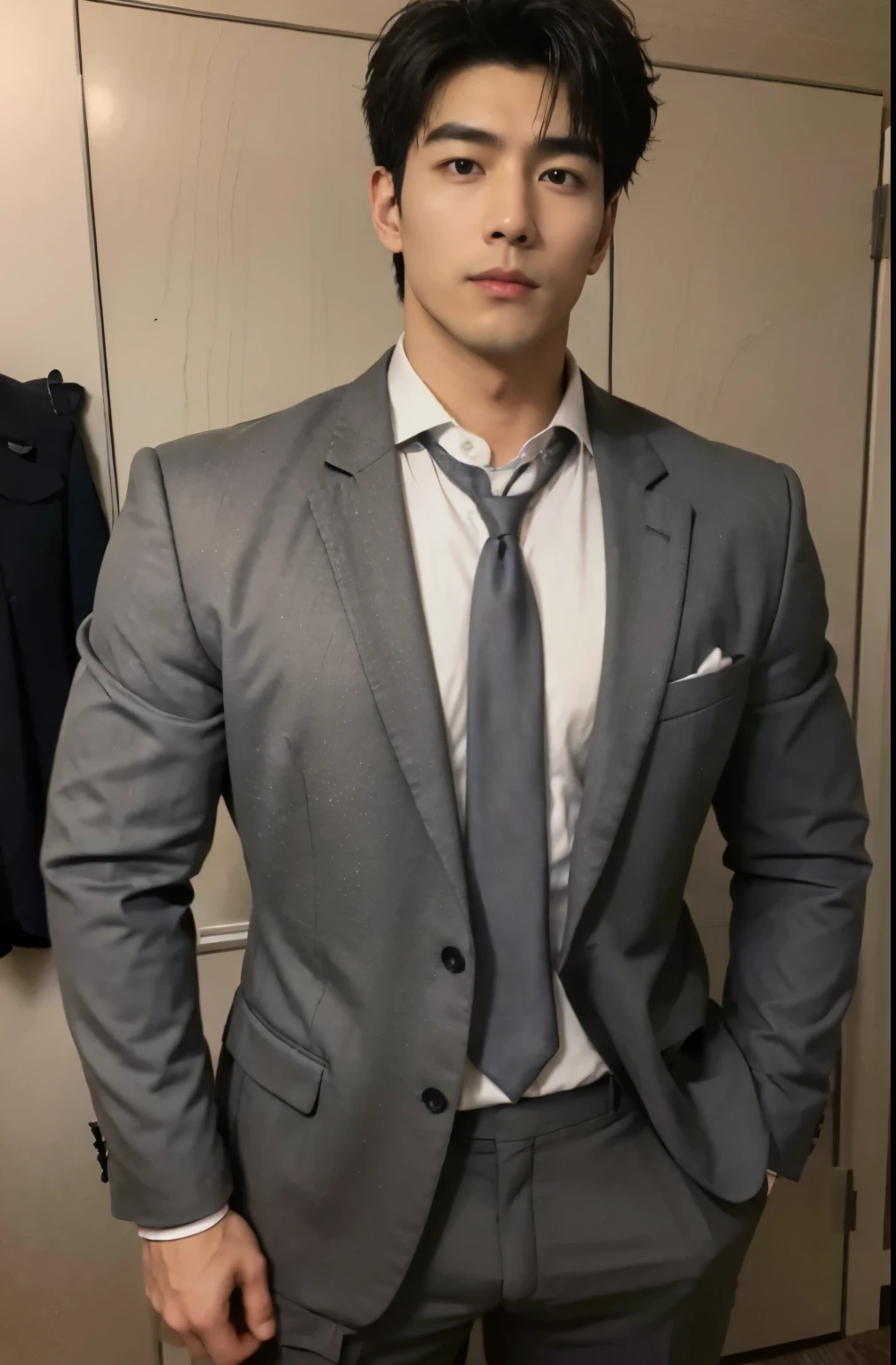 1 handsome Japanese guy,27years old,Corporate executives,Dress shirts and ties, Business attire, Professional Dress, Prepare for the meeting, Handsome and elegant, Wearing a black and gray suit, Sexy masculine, in blouse wearing, Masculine and handsome,musculous,Muscles look good,hairy bodies,with fair skin,黑The eye(thin eyes 1:3),Full body photo