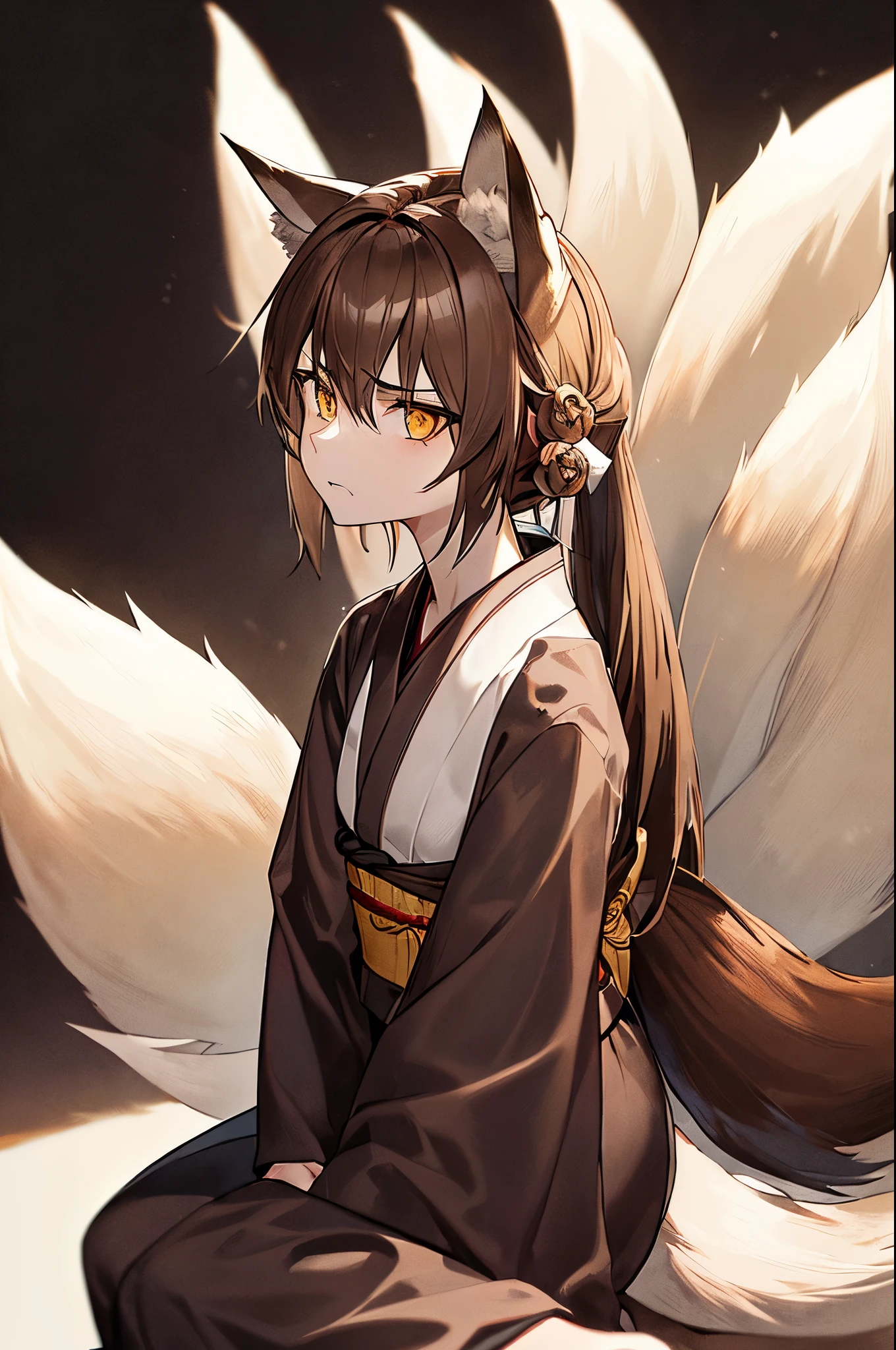 Anatomical, Award-winning concept art, Scrawny, fine details, ((Looking up at Viewer)), 1 Girl, Full Body, Solo, sitting on legs, (((Kitsune))), ((((((Graying brown fox tails and ears)))))), (((multiple kitsune fox tails))), (((((Very Dark brown hair))))), shoulder length hair, harsh blue eyes, ((((black yukata with white sash)))), Masterpiece, Best Quality, Super Detail, Illustration, vindictive and cruel, solo, Dynamic Angle, looking at viewer sidelong, angry mother, betrayed, old, shoulder length hair, unkept fox tails, scruffy hair, few face wrinkles, high quality, volumetric lighting, Kitsune, Fantastic Visual Depiction, Professional Effect, ((Unevenness)), (volumetric lighting), in the darkness, depressed, ((abrasively angry))