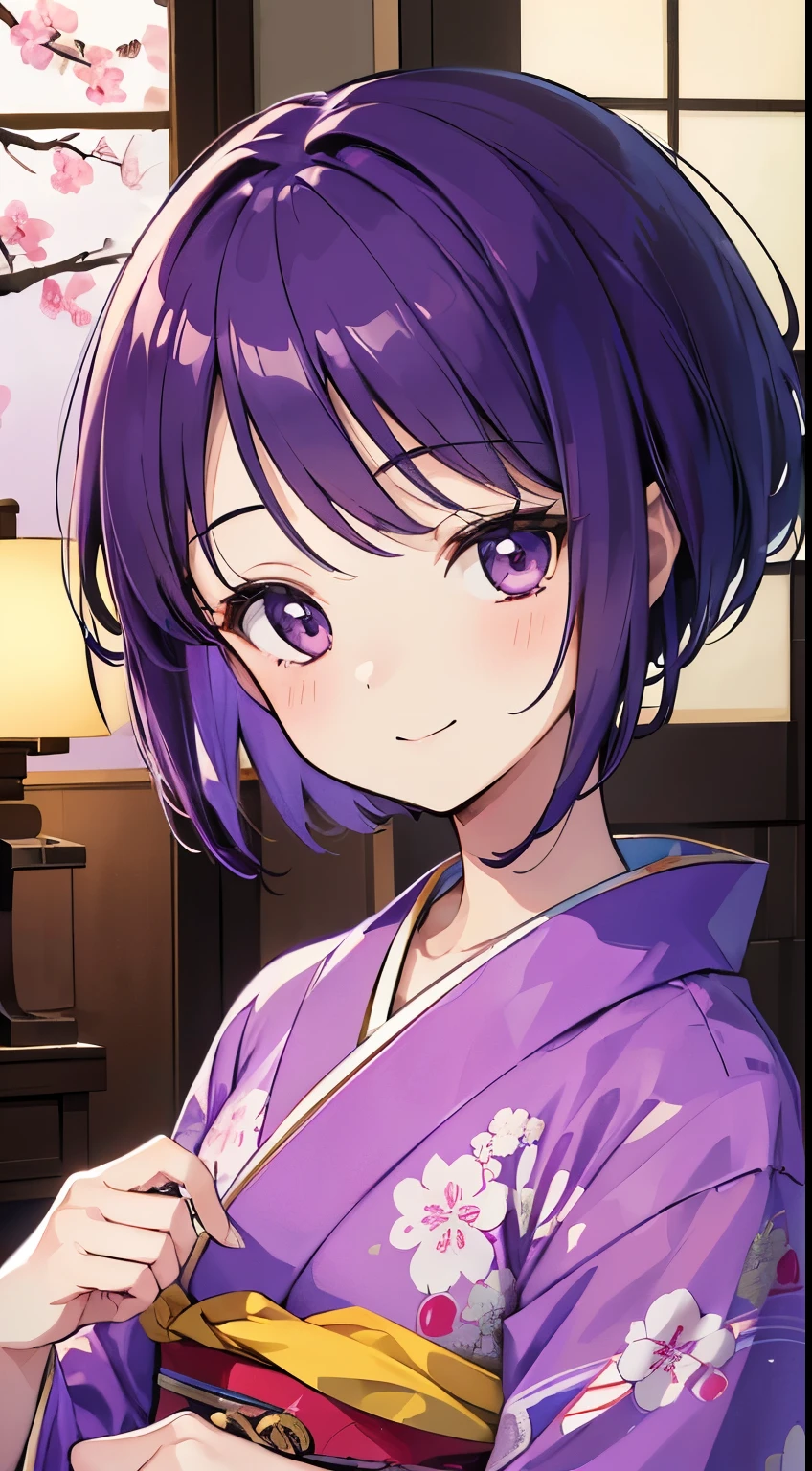 (tmasterpiece,4k wallpaper,best qualtiy))、((girl with1a person))、(独奏)、Brilliant,(Purple hair)、short-cut、a smile、close up of face、kimono、traditional Japanese room、January