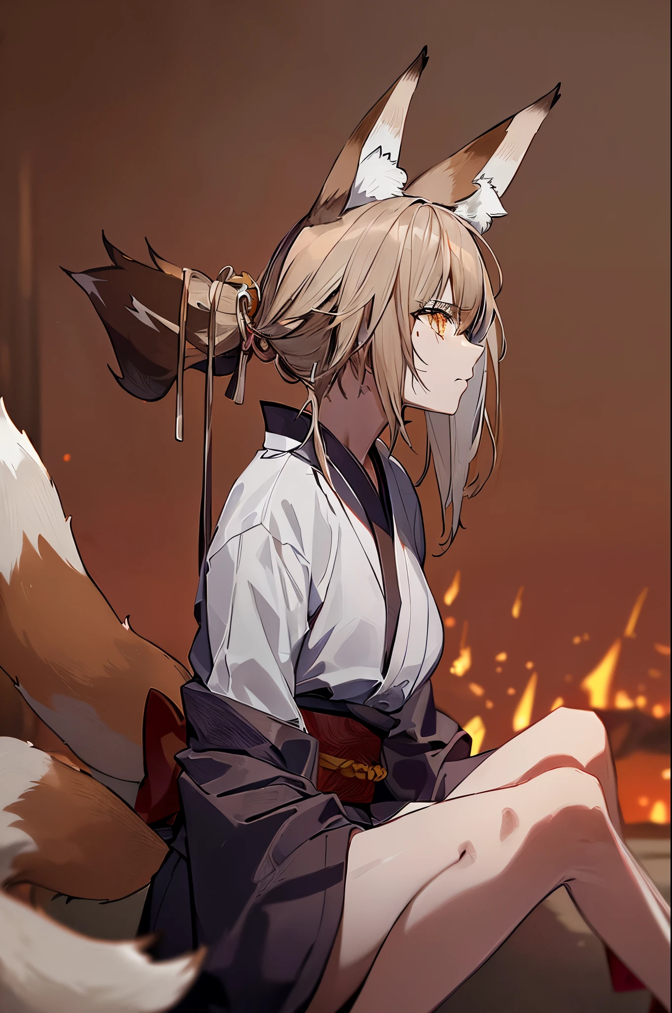 Anatomical, Award-winning concept art, Scrawny, fine details, ((Looking up at Viewer)), 1 Girl, Full Body, Solo, sitting on legs, (((Kitsune))), ((((((Graying brown fox tails and ears)))))), (((multiple kitsune fox tails))), (((((Very Dark brown hair))))), shoulder length hair, harsh blue eyes, ((((black yukata with white sash)))), Masterpiece, Best Quality, Super Detail, Illustration, vindictive and cruel, solo, Dynamic Angle, looking at viewer sidelong, angry mother, betrayed, old, shoulder length hair, unkept fox tails, scruffy hair, few face wrinkles, high quality, volumetric lighting, Kitsune, Fantastic Visual Depiction, Professional Effect, ((Unevenness)), (volumetric lighting), in the darkness, depressed, ((abrasively angry)), (((((no human ears)))))