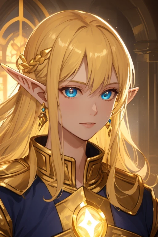 golden elf, golden hair, golden clothes, elf race, detailed eyes, detailed face, royal costume, with a glow of light around him, (best quality, masterwork: 1.2), vivid colors, luminous lighting, tone shiny gold.