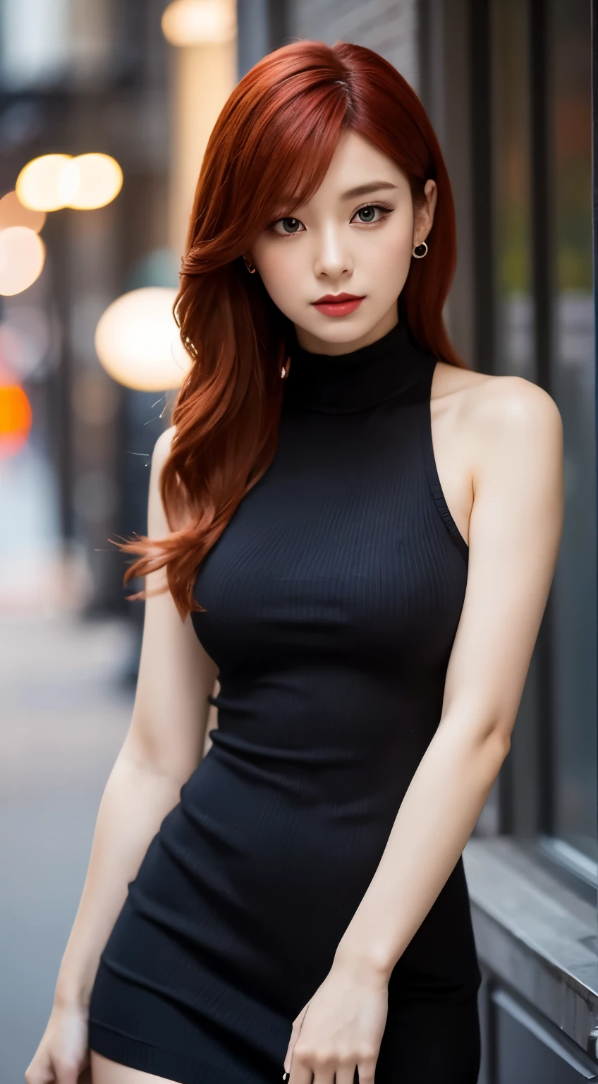 Red hair beauty, captivating gaze, elegant pose, bokeh, stylish attire, subtle shadows, high resolution, high neck sleeveless striped dress, night, stockings