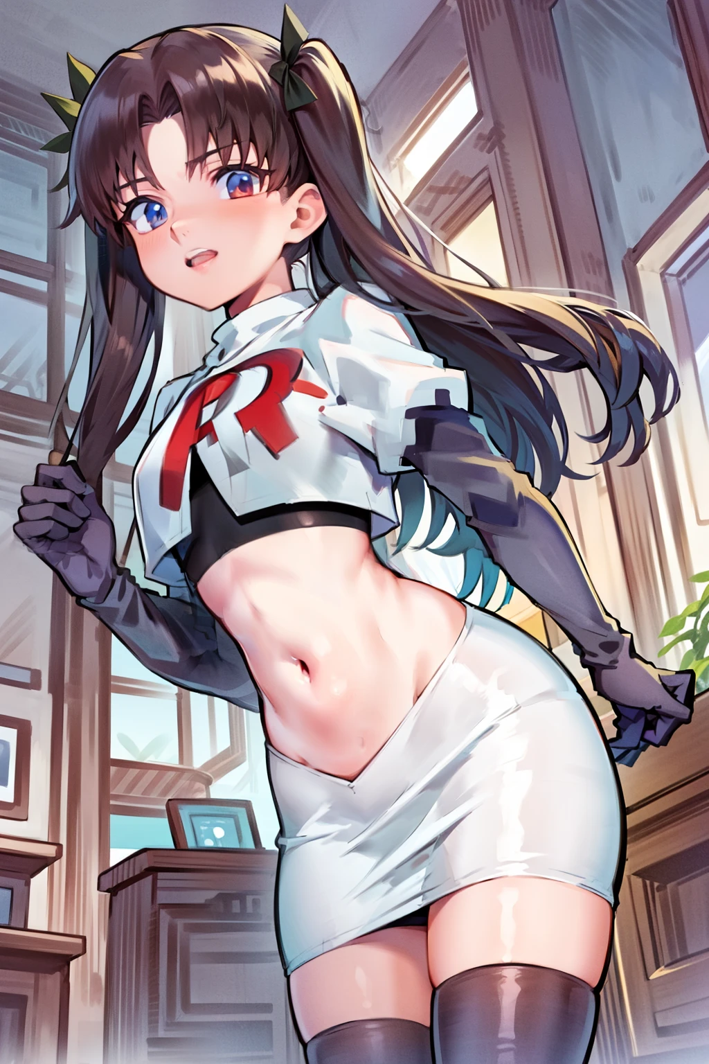 (best quality), [masterpiece], ((beautiful:0.75) cute girl:0.75), [clear and clean] pixiv (illustration), ((RinTohsaka)), black hair, twintails,team rocket,team rocket uniform,white skirt,red letter R,crop top,black thigh-highs,black elbow gloves,