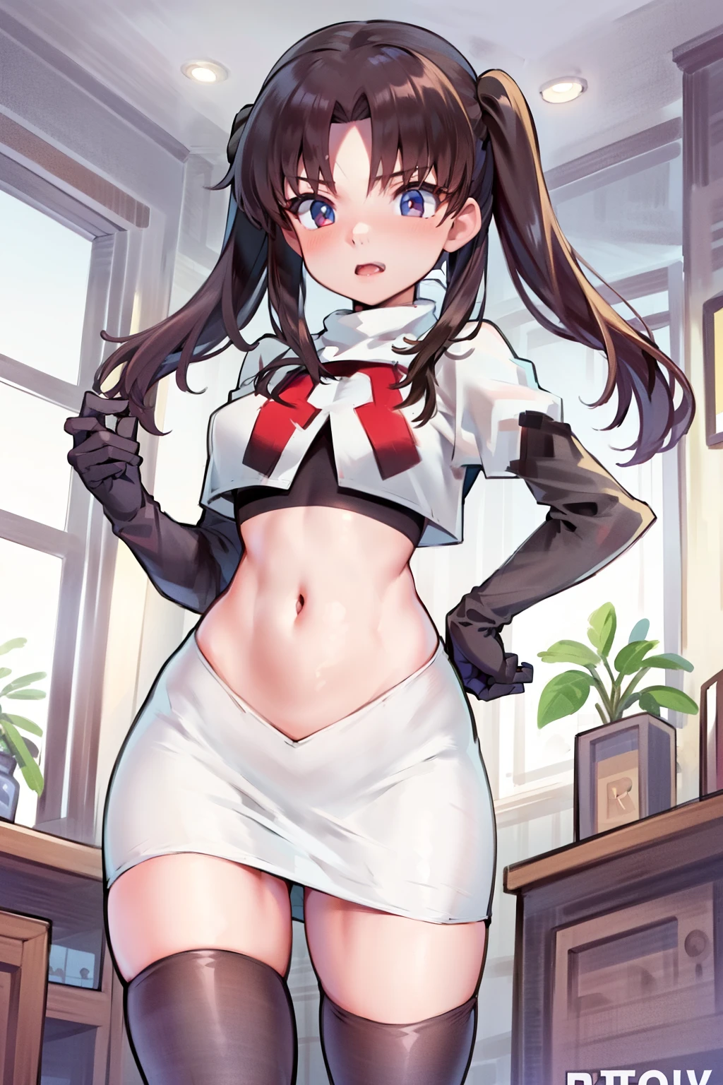 (best quality), [masterpiece], ((beautiful:0.75) cute girl:0.75), [clear and clean] pixiv (illustration), ((RinTohsaka)), black hair, twintails,team rocket,team rocket uniform,white skirt,red letter R,crop top,black thigh-highs,black elbow gloves,