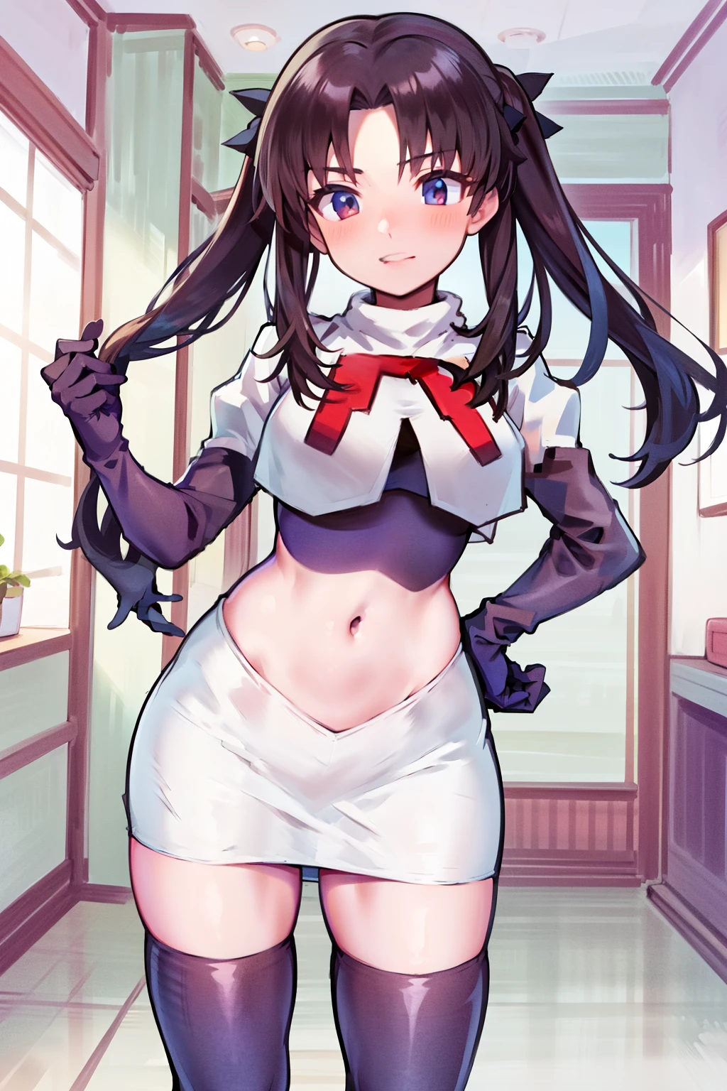 (best quality), [masterpiece], ((beautiful:0.75) cute girl:0.75), [clear and clean] pixiv (illustration), ((RinTohsaka)), black hair, twintails,team rocket,team rocket uniform,white skirt,red letter R,crop top,black thigh-highs,black elbow gloves,