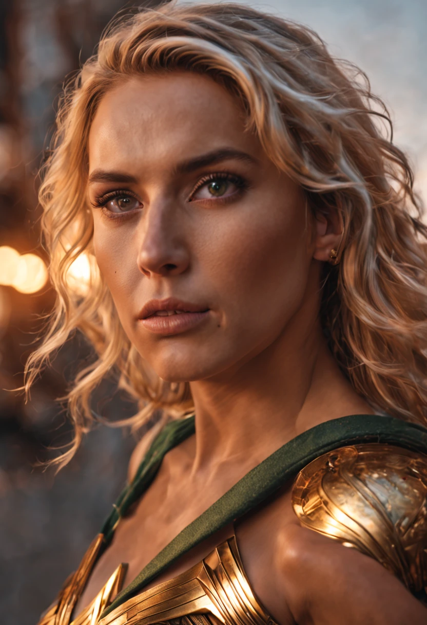 Generate a highly detailed, realistic close-up shot focusing on the face of a 30-year-old, 2 meters tall, athletic woman with blonde hair and green eyes. She is dressed in the Wonder Woman outfit and walking with determination along a night street. The scene should depict her angry expression and determination. Behind her, highlight the explosion of a building in the distance through the lighting. The picture should be a close-up of her face, emphasizing her anger and determination.