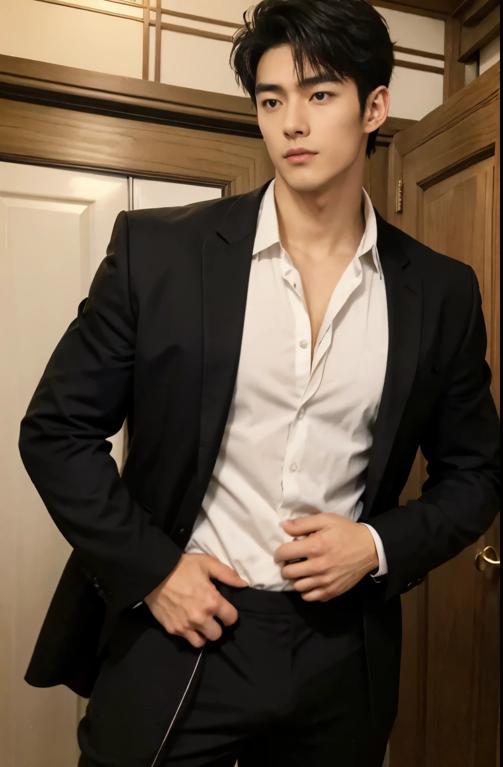 1 handsome Japanese guy，27years old，Lawyer，Formal shirt and red tie, Lawyer服, Professional Dress, Preparing for court, Handsome and elegant, Wearing a black uniform， sexy abstinence, in blouse wearing, Masculine and handsome，musculous，Muscles look good，hairy bodies，with fair skin，黑The eye（thin eyes 1：3），Full body photo