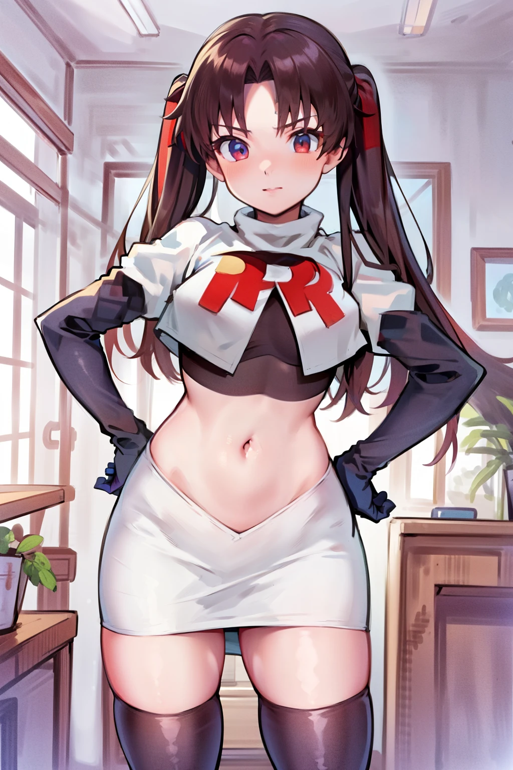 (best quality), [masterpiece], ((beautiful:0.75) cute girl:0.75), [clear and clean] pixiv (illustration), ((RinTohsaka)), black hair, twintails,team rocket,team rocket uniform,white skirt,red letter R,crop top,black thigh-highs,black elbow gloves,