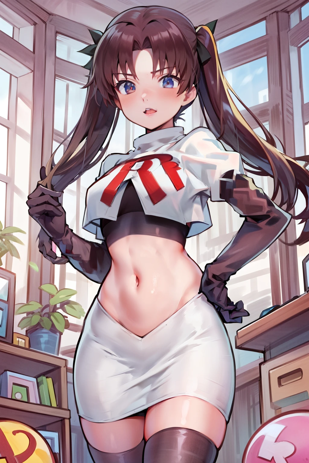 (best quality), [masterpiece], ((beautiful:0.75) cute girl:0.75), [clear and clean] pixiv (illustration), ((RinTohsaka)), black hair, twintails,team rocket,team rocket uniform,white skirt,red letter R,crop top,black thigh-highs,black elbow gloves,