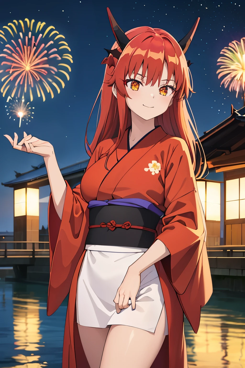 1girl, solo, tania, dragon girl, dragon horns, red hair, orange eyes, large breasts, long hair, full body, 8K, Night, Shooting Star, Clouds, Floral Yukata, Yukata, 25 years old, Bright Colorireworks: 1.4), (New Year: 1.1), (Festival: 1.1), (Sharp Focus: 1.2), (Cowboy Shot: 1.2), (light smile: 1.1), Bridge, Overlooking the Lake, (Water Reflection: 1.2), Glitter, Floating Particle, Colorful Particle, Lots of Fireworks, cracker in hands