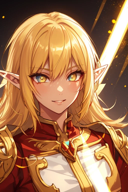 golden elf, golden hair, golden clothes, elf race, detailed eyes, detailed face, royal costume, with a glow of light around him, (best quality, masterwork: 1.2), vivid colors, luminous lighting, tone shiny gold.