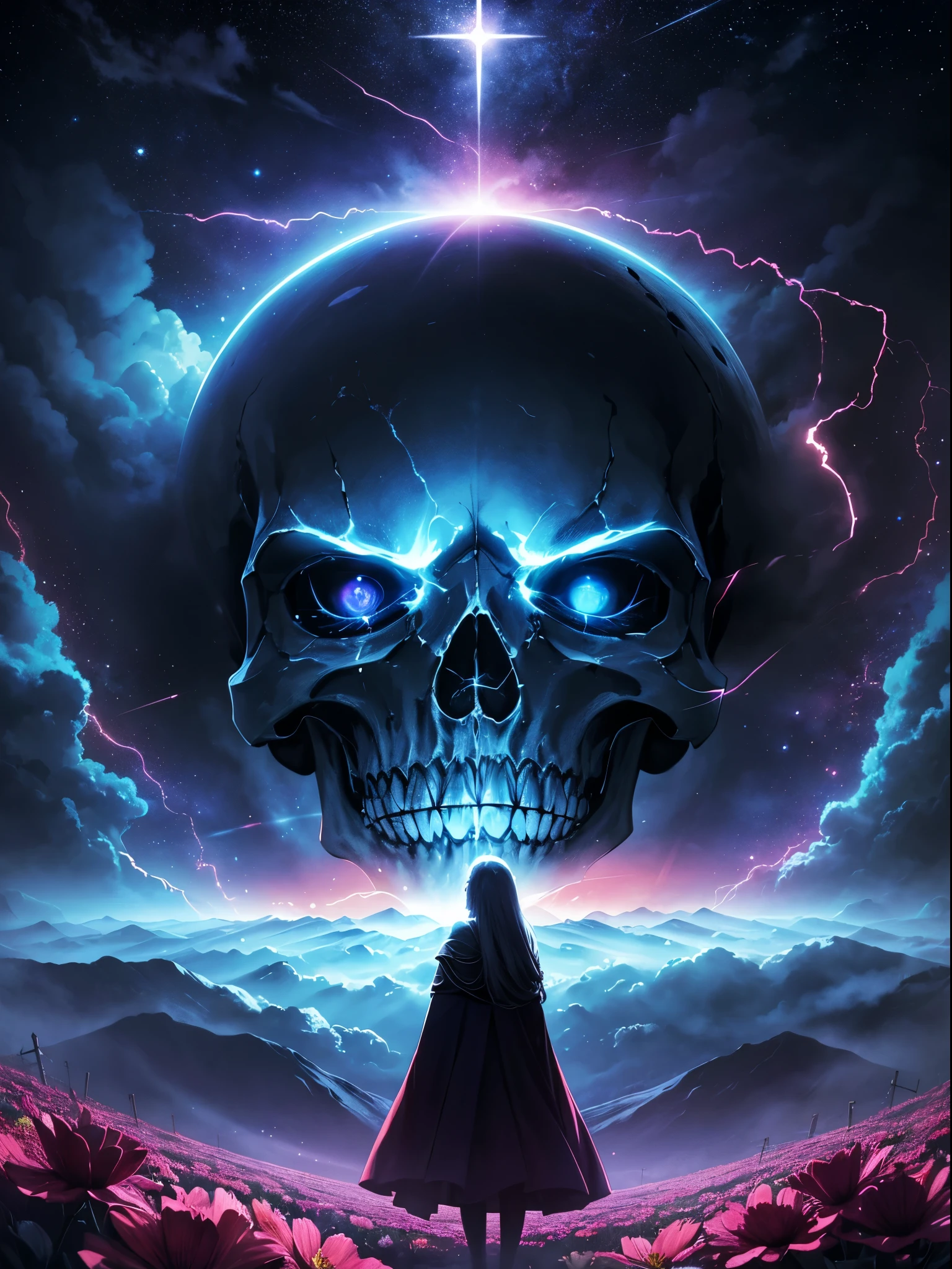(Best quality at best,4K,A high resolution,tmasterpiece:1.2),ultra - detailed,actual:1.37,pixel sorted,(((Red ,holy cross ray, Blooming flowers))),Interstellar clouds and fog background,Polished,silver skull,light composition,rainbowing,rainbowing around skull,Colorful,Domineering renderings of various structures,Brilliant circular composition,Alone