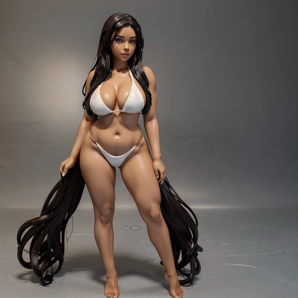 anime figurine of a bbw female, light brown skin tone, dark brown eyes, long black hair. The figurine is displayed full body, allowing visibility of the figurine, blue bikini with white trim, typography, 3D render