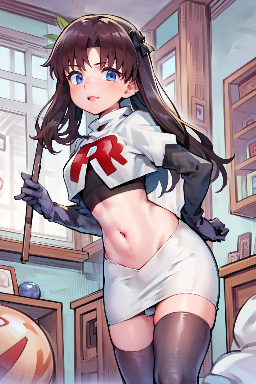 (best quality), [masterpiece], ((beautiful:0.75) cute girl:0.75), [clear and clean] pixiv (illustration), ((RinTohsaka)), black hair, twintails,team rocket,team rocket uniform,white skirt,red letter R,crop top,black thigh-highs,black elbow gloves,