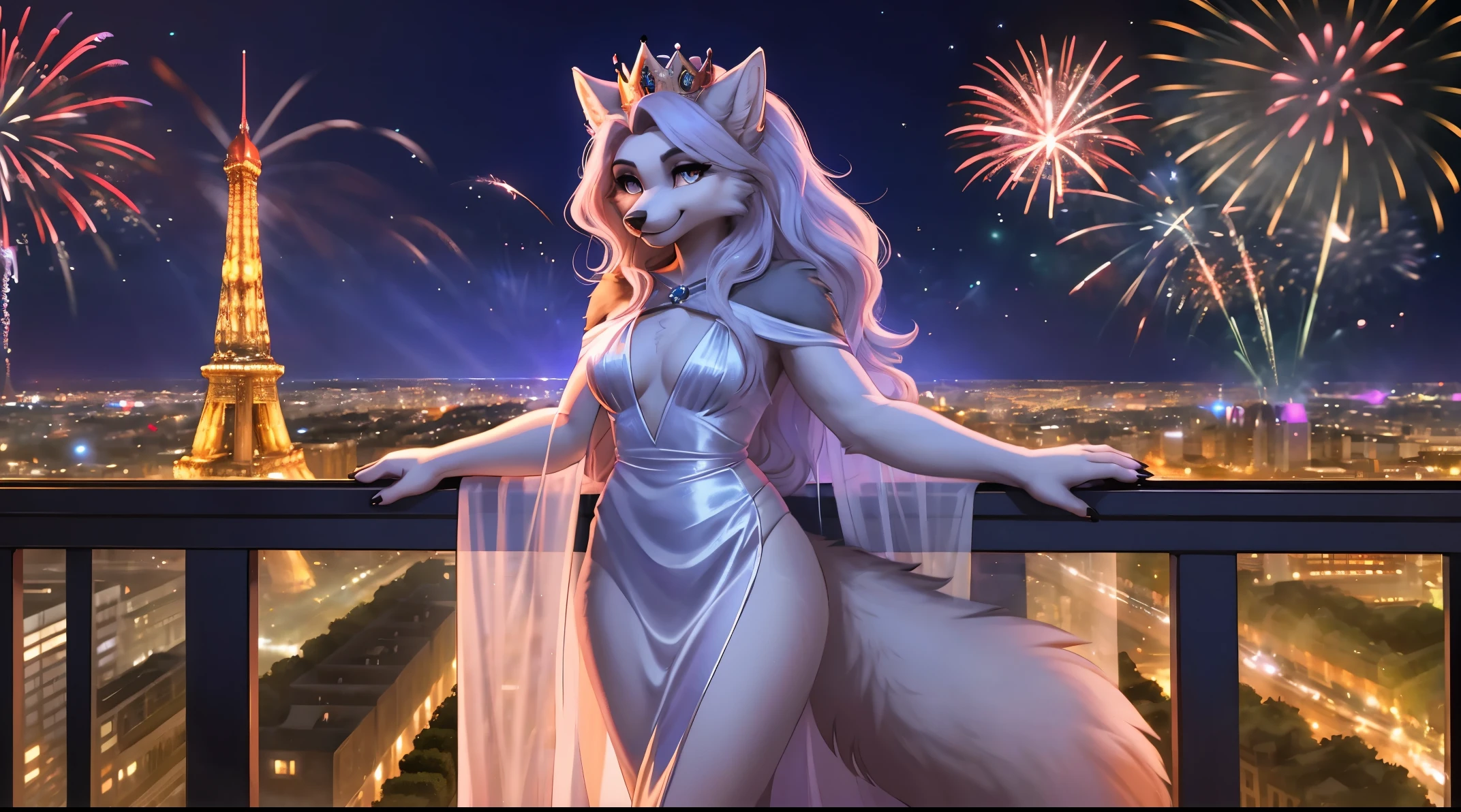Loona, ice queen, near the railing, apartment, full body, anthro, wolf, e621, Furbooru, light gray eyes, piercing, detailed and beautiful eyes, detailed and beautiful face, long white wavy hair, tall, slightly muscular, fluffy white tail, long white dress, long dress cape, silver detailed crown, New Year, much, but much fireworks, Paris city view, only one Eiffel tower at distance, France, smiling, visible fangs, looking at viewer, great city view, wide view, solo, beautiful, extremely detailed, very high quality, 4K, 8K, HDR, RAW