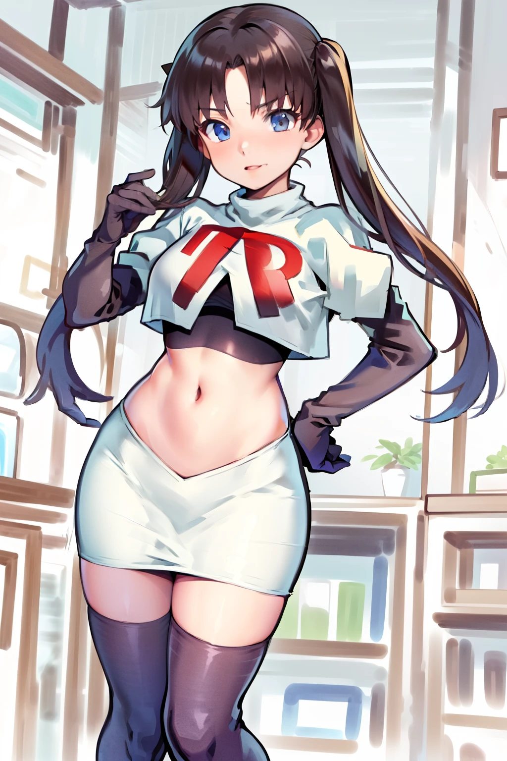 (best quality), [masterpiece], ((beautiful:0.75) cute girl:0.75), [clear and clean] pixiv (illustration), ((RinTohsaka)), black hair, twintails,team rocket,team rocket uniform,white skirt,red letter R,crop top,black thigh-highs,black elbow gloves,