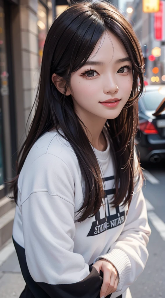 (realistically, tmasterpiece, 8K high-definition, Good lighting quality, sporty attire, fit snugly on face, Complicated details), a handsome korean woman,  younger, Happy, The smile is bright, Detailed faces, Perfect style、combed brown hair，Night allure，exclusive sweater、Dark shirt、the street、The smile is bright, Detailed faces, 詳細な目,