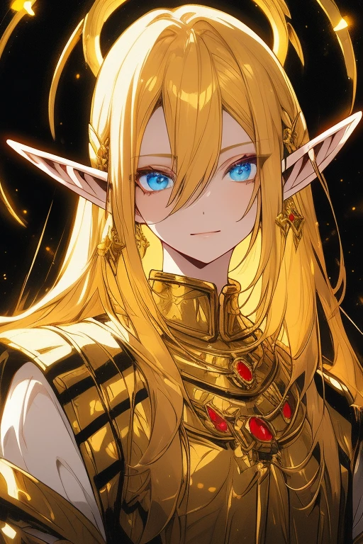 golden elf, golden hair, golden clothes, elf race, detailed eyes, detailed face, royal costume, with a glow of light around him, (best quality, masterwork: 1.2), vivid colors, luminous lighting, tone shiny gold.