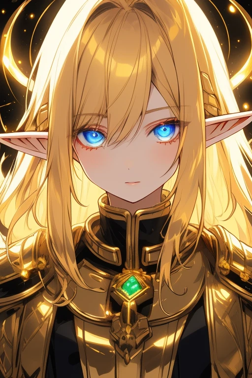 golden elf, golden hair, golden clothes, elf race, detailed eyes, detailed face, royal costume, with a glow of light around him, (best quality, masterwork: 1.2), vivid colors, luminous lighting, tone shiny gold.