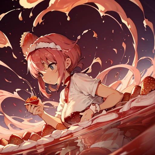 A pastry chef covered in boiling strawberry parfait ramen serving a giant strawberry、Amazing dynamism、Amazing Angle、Whirlpool sandstorm of unstable buoyancy、Many friendly giant strawberries float closely together for saturation attack.。surround each other'giant strawberry、