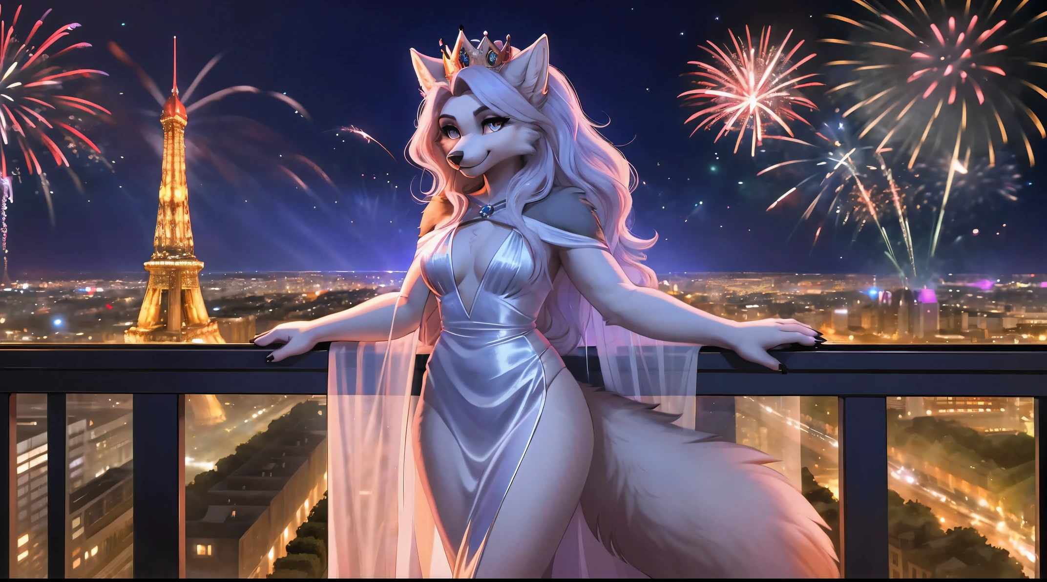 Loona, rainha do gelo, near the handrail, apartamento, corpo inteiro, antro, lobo, E621, Furbooru, olhos cinza claro, penetrante, detailed and Beautiful eyes, detailed and Beautiful face, longos cabelos brancos ondulados, alto, levemente musculoso, Cauda branca fofa, vestido branco longo, capa de vestido longo, coroa detalhada em prata, Ano Novo, muito, but muito fireworks, Vista da cidade de Paris, just an Eiffel tower in the distance, France, sorridente, visible fangs, Olhando para o Viewer, excelente vista da cidade, wide view, sozinho, Beautiful, extremamente detalhado, Very high quality, 4k, 8k, HDR, .RAW