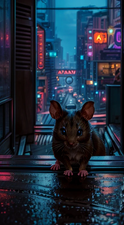 (a curious mouse),(peeking out from a gutter,peeking head from the gutter),(whiskers twitching),(taking in the sights and smellustling city),(vivid colors, real-life details),(high-res),(cityscape),(detailed buildings and streetusy pedestrians and vehicles),(neon lights),(night time),(photorealistxpressive eyes),(tiny pawurry body),(sharp focus),(adventurous),(playful),(inquisitive),(observant)