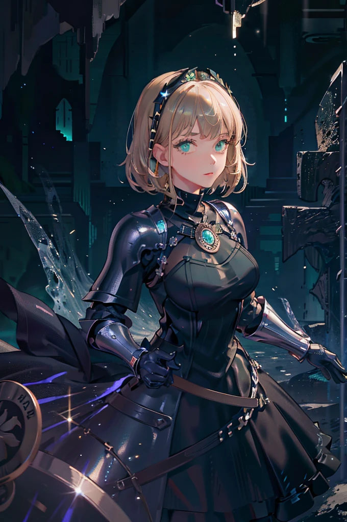 (masterpiece, best quality, extremely detailed CG, beautiful detailed eyes, ultra-detailed, intricate details:1.2), 8k wallpaper, elaborate features, (1girl, solo:1.4), short brown blond hair, swept bangs, struggle, dynamic pose, looking at viewer, (((green eyes))), dark cave, magic surround, ((magic circles)), night, dark, (((((armor dress))))), upper body, ((((dark cave background)))), large breasts, (((((detailed face))))), ((((((detailed eyes)))))), stalactites, earth theme, magic particles, silver