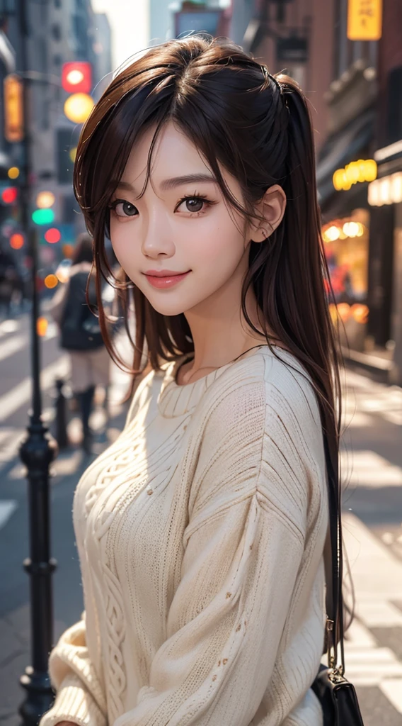 (realistically, tmasterpiece, 8K high-definition, Good lighting quality,, fit snugly on face, Complicated details), a handsome korean woman, younger, Happy, The smile is bright, Detailed faces, Perfect style、combed brown hair,Night allure,Curta,exclusive sweater、Dark sweater、the street、The smile is bright, Detailed faces, 詳細な目,