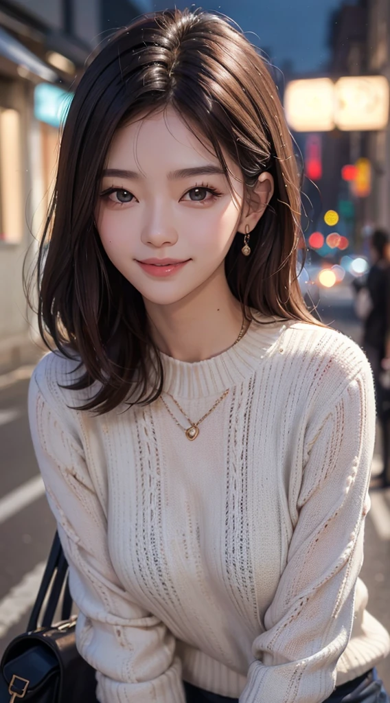 (realistically, tmasterpiece, 8K high-definition, Good lighting quality,, fit snugly on face, Complicated details), a handsome korean woman, 17 years younger, Happy, The smile is bright, Detailed faces, Perfect style、combed brown hair,Night allure,Curta,exclusive sweater、Dark sweater、the street、The smile is bright, Detailed faces, 詳細な目,