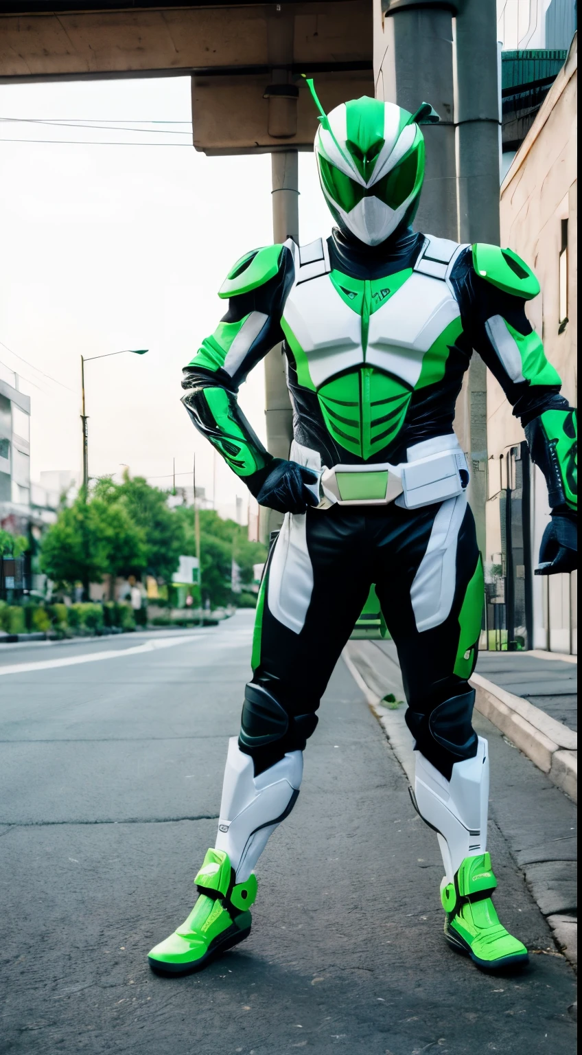 Kamen Rider Convide, fusion rider, green and white, grasshopper theme, set in the city of Shishio Campilinez in the morning.