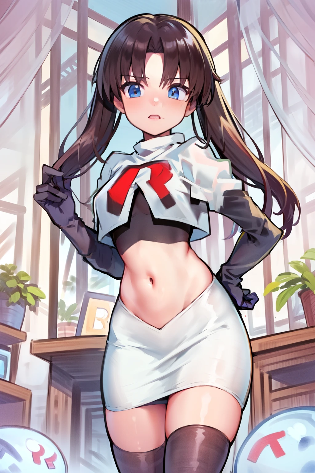 (best quality), [masterpiece], ((beautiful:0.75) cute girl:0.75), [clear and clean] pixiv (illustration), ((RinTohsaka)), black hair, twintails,team rocket,team rocket uniform,white skirt,red letter R,crop top,black thigh-highs,black elbow gloves,