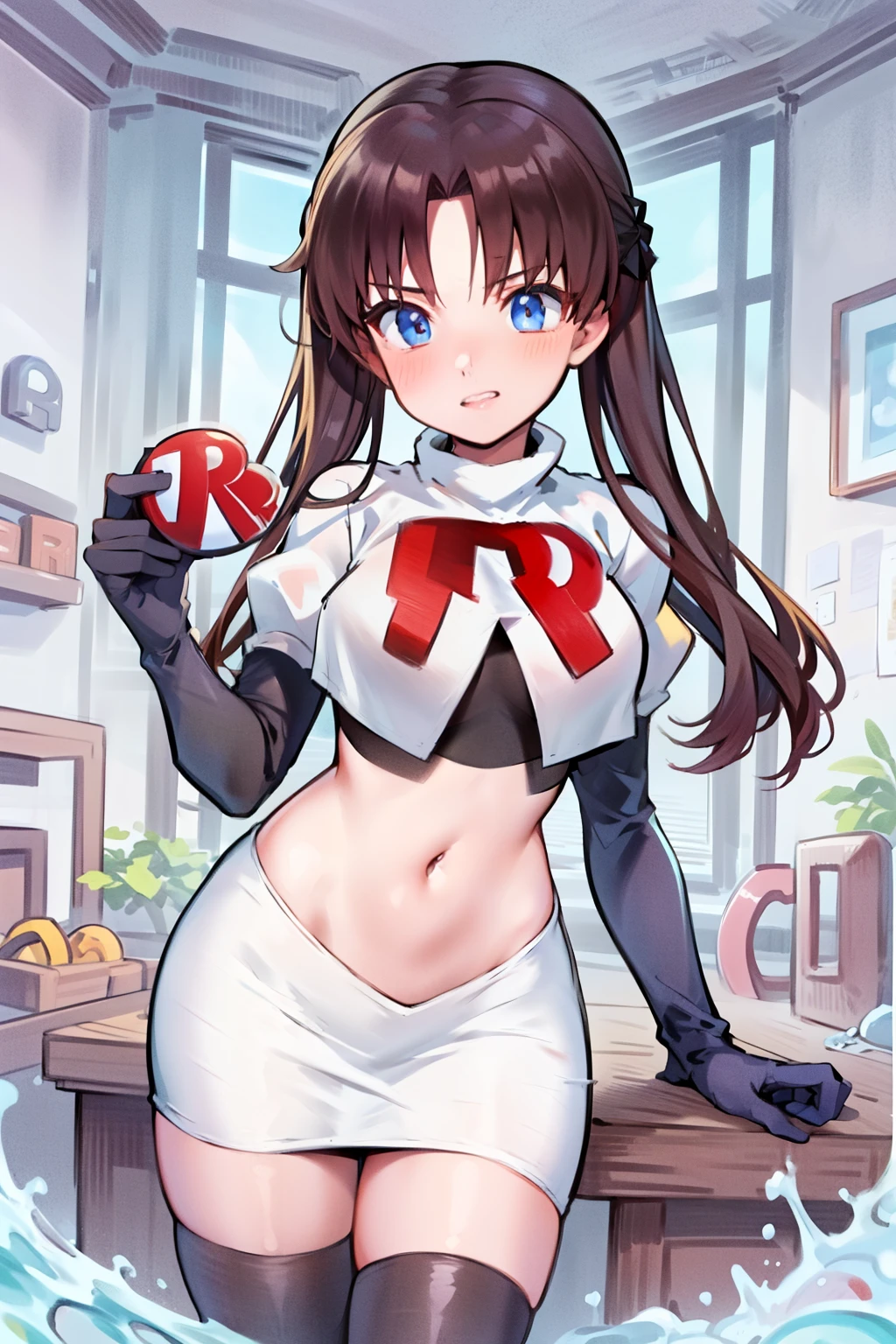 (best quality), [masterpiece], ((beautiful:0.75) cute girl:0.75), [clear and clean] pixiv (illustration), ((RinTohsaka)), black hair, twintails,team rocket,team rocket uniform,white skirt,red letter R,crop top,black thigh-highs,black elbow gloves,