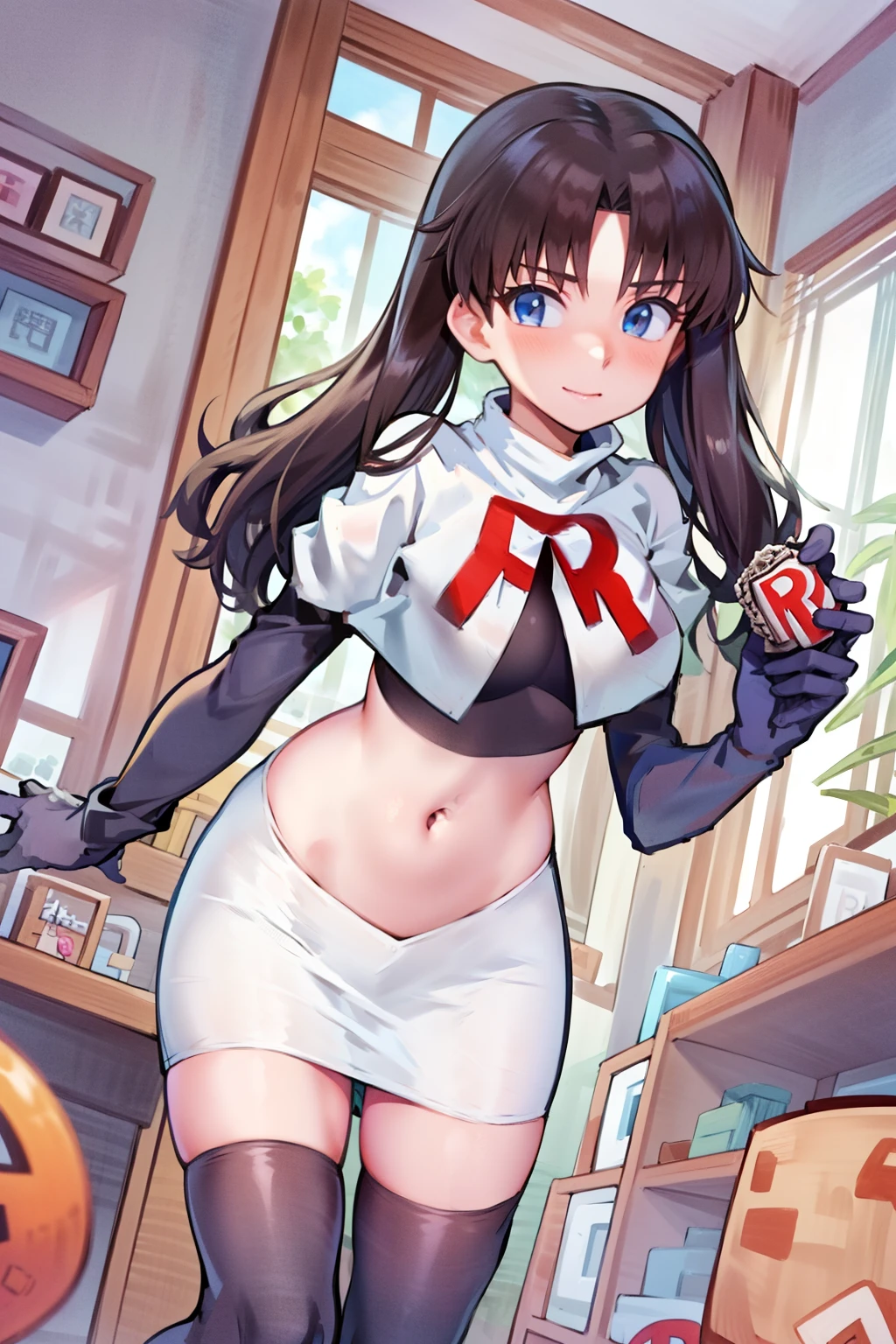 (best quality), [masterpiece], ((beautiful:0.75) cute girl:0.75), [clear and clean] pixiv (illustration), ((RinTohsaka)), black hair, twintails,team rocket,team rocket uniform,white skirt,red letter R,crop top,black thigh-highs,black elbow gloves,