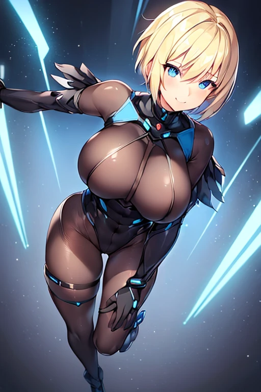 1girl, light skin, smile, light smile, blonde hair, pixie cut, very short hair, blue eyes, large breasts, breasts, wide hips, black bodysuit, black clothes, black pantyhose, bodysuit, sleeves, short sleeves, pantyhose, futuristic, science-fiction, neon trim, neon, full_body, ((full body)), standing, nsfw