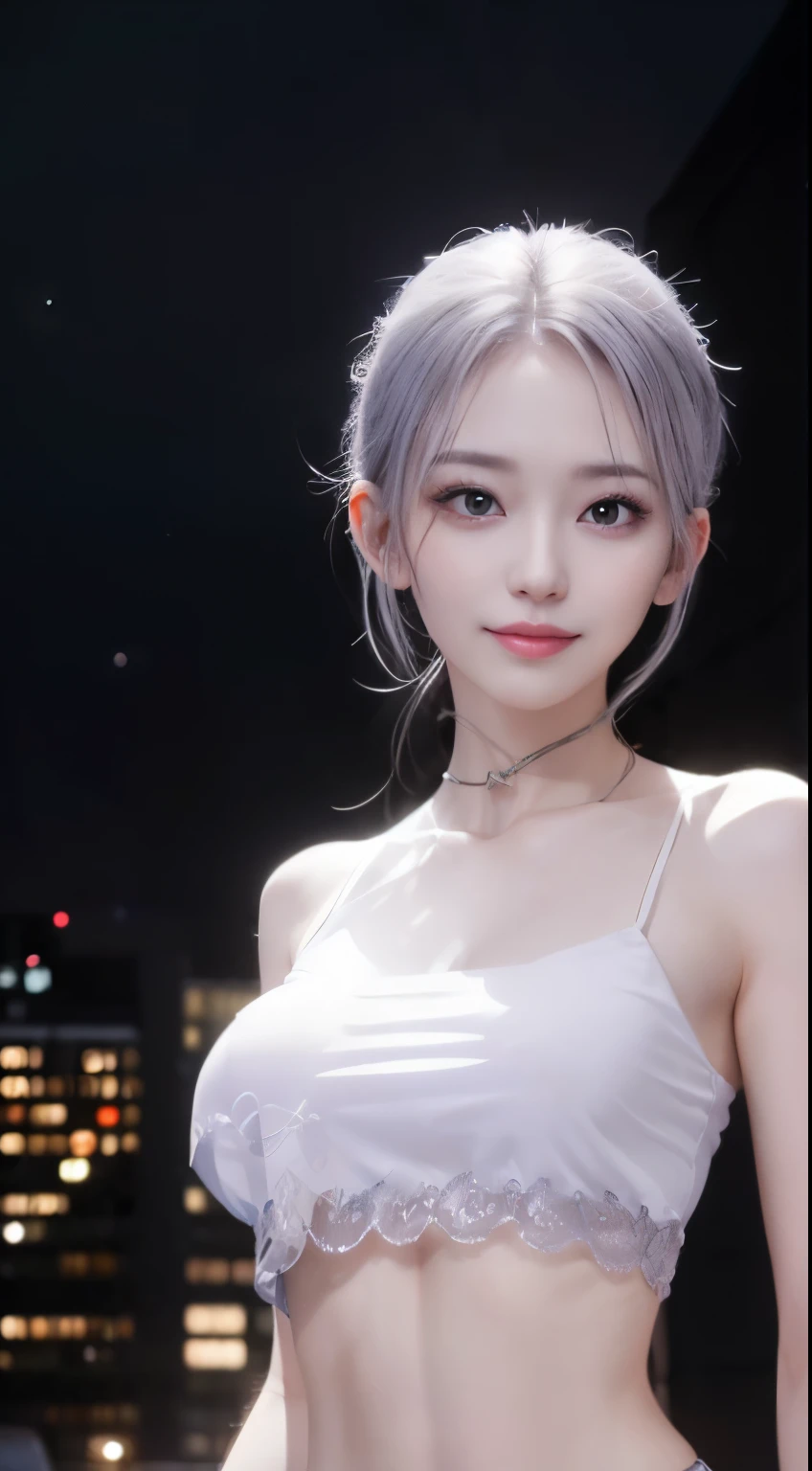 8K, Masterpiece, RAW photo, Best quality, Photorealistic, Extremely detailed Cg Unity 8K wallpaper, Depth of field, Cinematic light, Lens flare, Ray tracing, (Extremely beautiful face, Beautiful lips, Beautiful eyes), intricate detail face, ((ultra detailed skin)) 1girll, In the dark, deepshadow, Pretty Korean girl, Kpop idol, 1 girl, (Very slim and slender muscular body:1.3), ((view the viewer)),(Big smile:1.3), (moon lights open sky ), (city view Blurred background), ,(No one is in the background:1.3)Clear eyes, (Pale skin), (Big eyeace forward,(silver hairs), (view the viewer:1.3) open breast, Very slim, Medium breasts, white classic underware