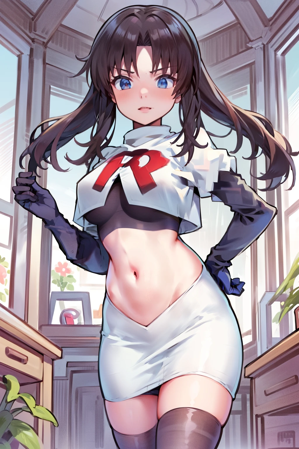 (best quality), [masterpiece], ((beautiful:0.75) cute girl:0.75), [clear and clean] pixiv (illustration), ((RinTohsaka)), black hair, twintails,team rocket,team rocket uniform,white skirt,red letter R,crop top,black thigh-highs,black elbow gloves,