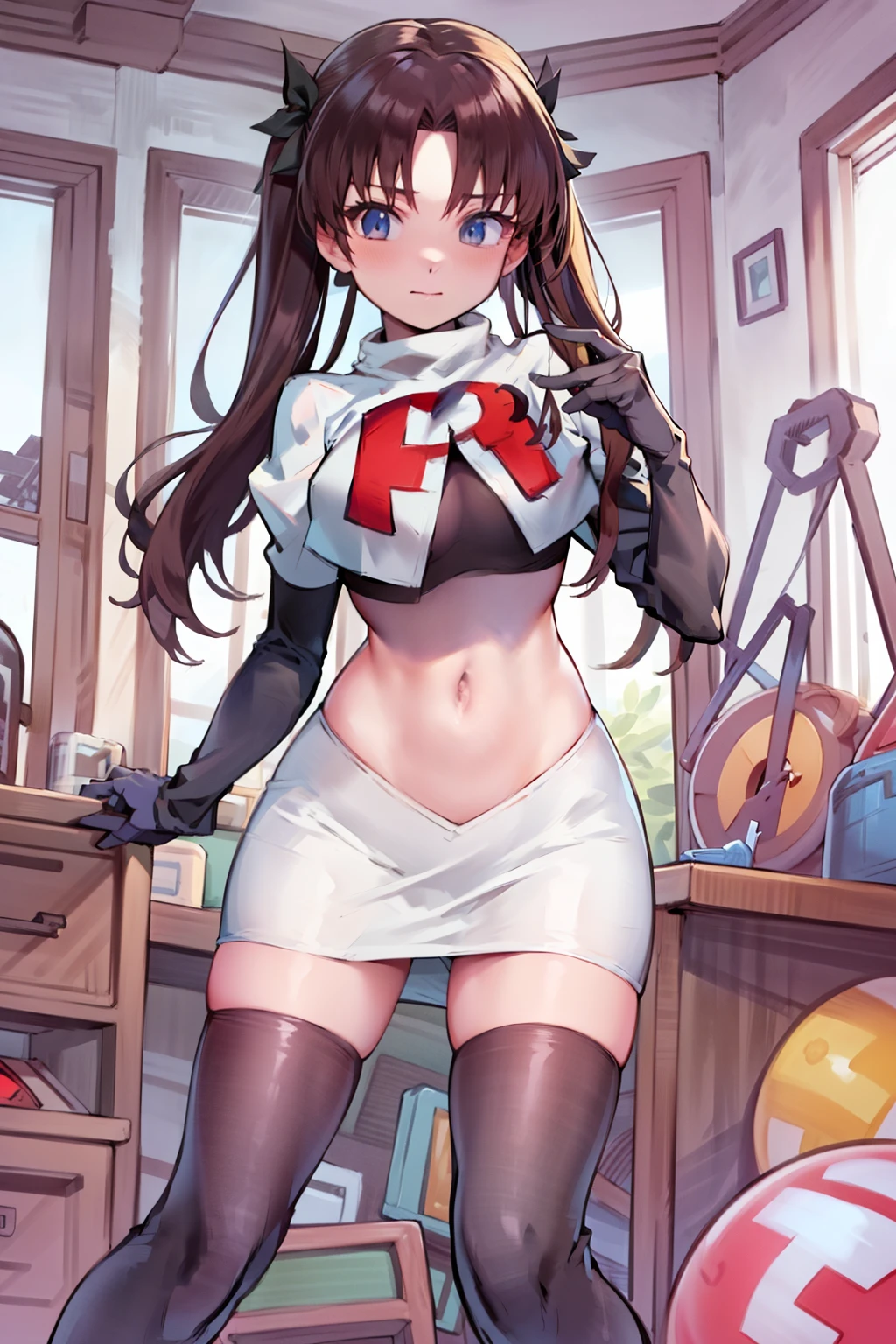 (best quality), [masterpiece], ((beautiful:0.75) cute girl:0.75), [clear and clean] pixiv (illustration), ((RinTohsaka)), black hair, twintails,team rocket,team rocket uniform,white skirt,red letter R,crop top,black thigh-highs,black elbow gloves,