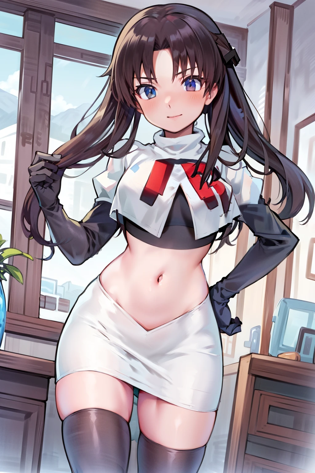 (best quality), [masterpiece], ((beautiful:0.75) cute girl:0.75), [clear and clean] pixiv (illustration), ((RinTohsaka)), black hair, twintails,team rocket,team rocket uniform,white skirt,red letter R,crop top,black thigh-highs,black elbow gloves,