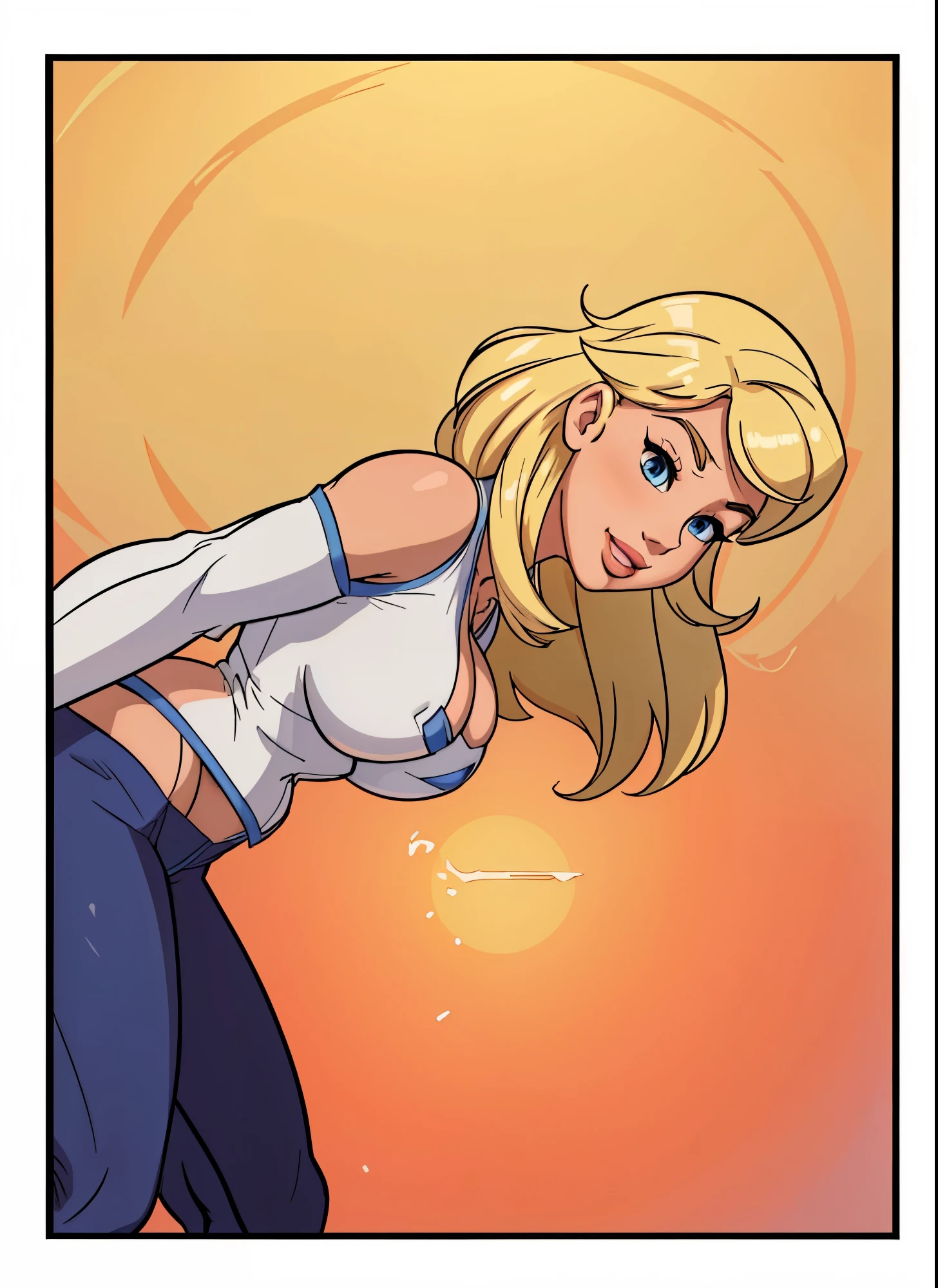 (best quality,4k,8k,highres,masterpiece:1.2),ultra-detailed,realistic,beautiful woman with blonde hair,extremely detailed face and hair,long eyelashes,gorgeous face,perfectly symmetrical face,slight smile,beautiful blue eyes,soft and flawless skin,leaning forward,graceful posture,confident expression,Gwen Stacy looking, large breasts, exposed mid section, photorealistic style,stunning lighting effects,vivid colors to enhance the image,full body portrait, sexy figure in a cute outfit,background of a city skyline at sunset,soft warm tones,highlighting the elegance of the woman,shadows and highlights to emphasize depth and dimension,masterful attention to detail,