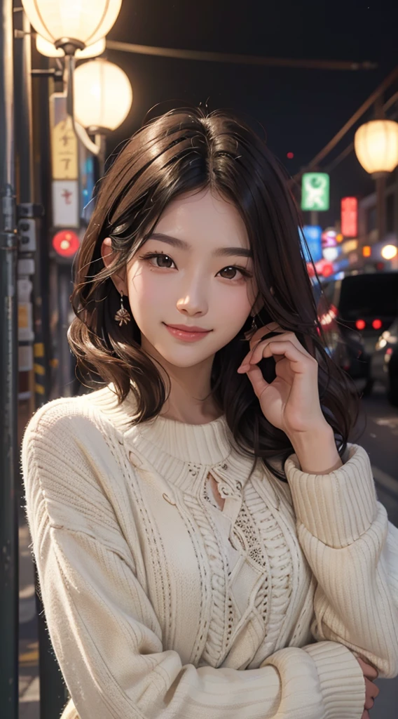 (realistically, tmasterpiece, 8K high-definition, Good lighting quality,, fit snugly on face, Complicated details), A handsome Korean man, 17 years younger, Happy, The smile is bright, Detailed faces, Perfect style、combed brown hair,Night allure,exclusive sweater、Dark sweater、the street、foliage,The smile is bright, Detailed faces, 詳細な目,