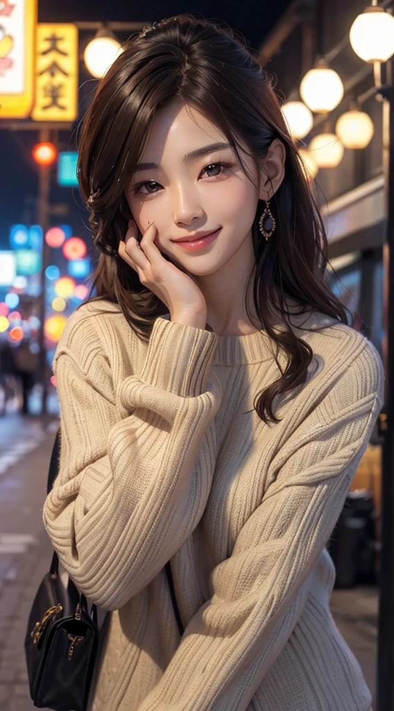 (realistically, tmasterpiece, 8K high-definition, Good lighting quality,, fit snugly on face, Complicated details), A handsome Korean man, 17 years younger, Happy, The smile is bright, Detailed faces, Perfect style、combed brown hair,Night allure,exclusive sweater、Dark sweater、the street、foliage,The smile is bright, Detailed faces, 詳細な目,