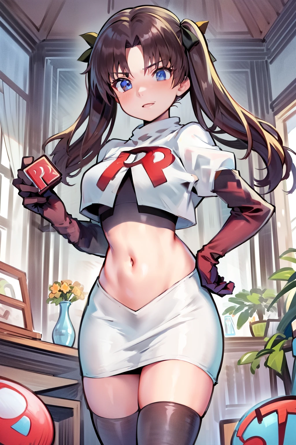 (best quality), [masterpiece], ((beautiful:0.75) cute girl:0.75), [clear and clean] pixiv (illustration), ((RinTohsaka)), black hair, twintails,team rocket,team rocket uniform,white skirt,red letter R,crop top,black thigh-highs,black elbow gloves,