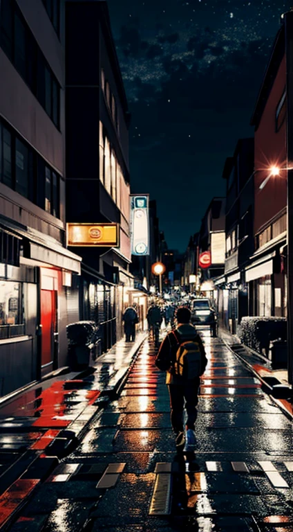 a person walking at night, 8k, hyper realistic, vibrant colors, masterpiece