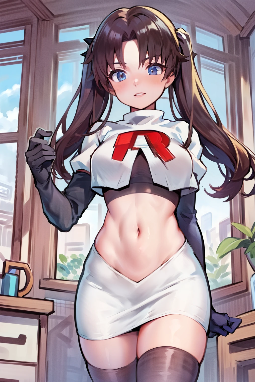 (best quality), [masterpiece], ((beautiful:0.75) cute girl:0.75), [clear and clean] pixiv (illustration), ((RinTohsaka)), black hair, twintails,team rocket,team rocket uniform,white skirt,red letter R,crop top,black thigh-highs,black elbow gloves,