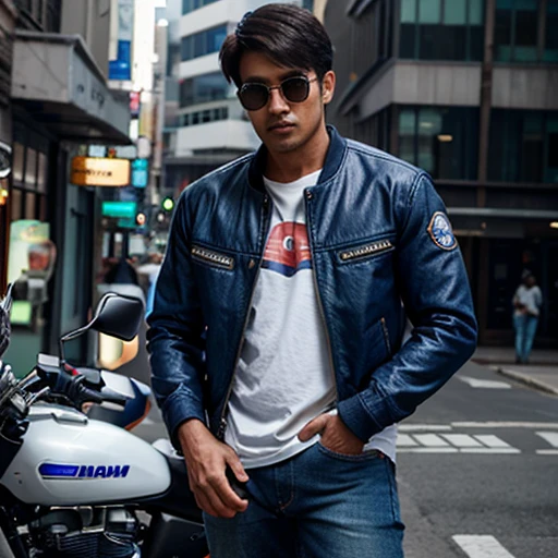 Seorang pemuda melayu realistic dengan jackets kulit berseluar jeans biru dengan white motorcycle yamaha 150