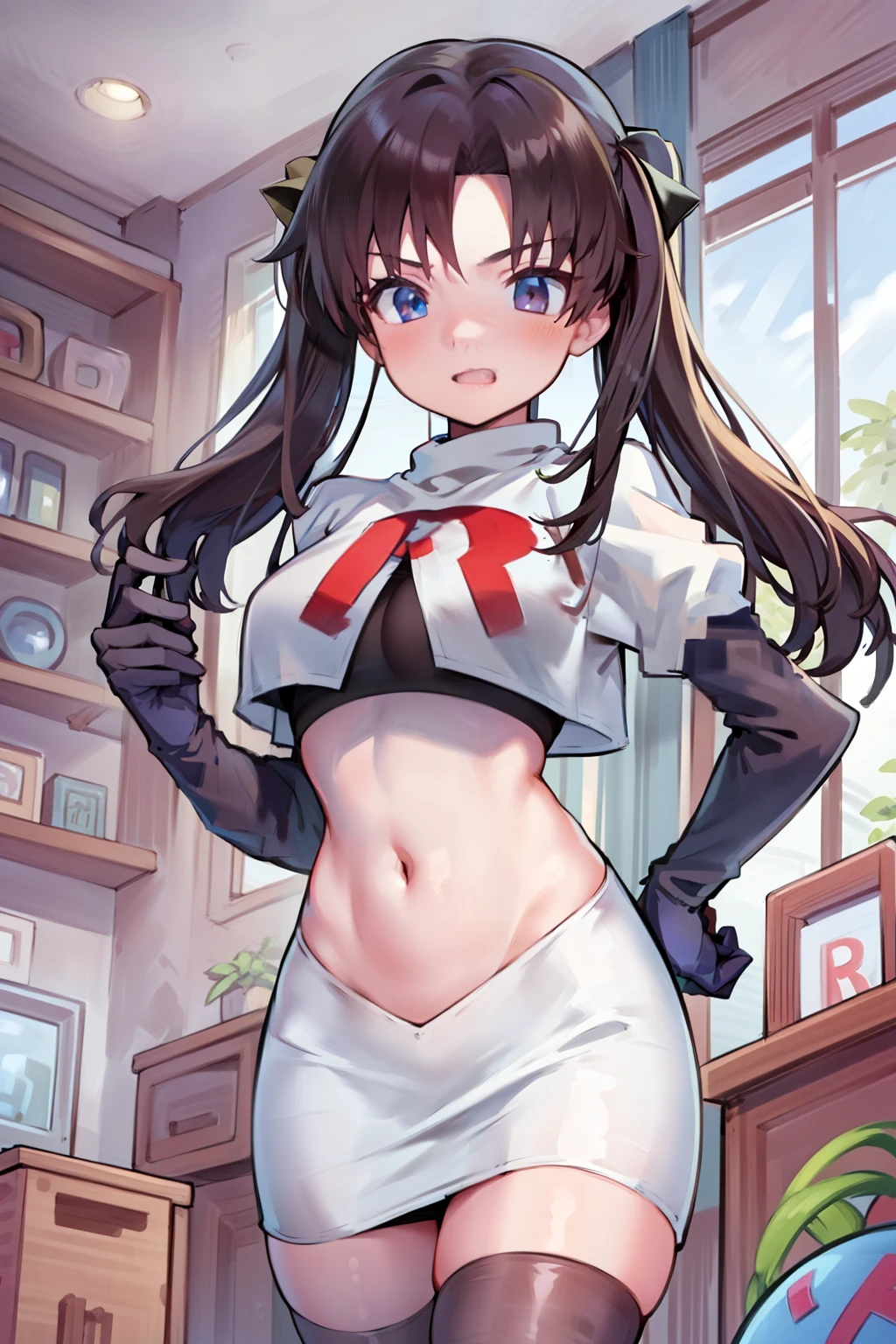 (best quality), [masterpiece], ((beautiful:0.75) cute girl:0.75), [clear and clean] pixiv (illustration), ((RinTohsaka)), black hair, twintails,team rocket,team rocket uniform,white skirt,red letter R,crop top,black thigh-highs,black elbow gloves,